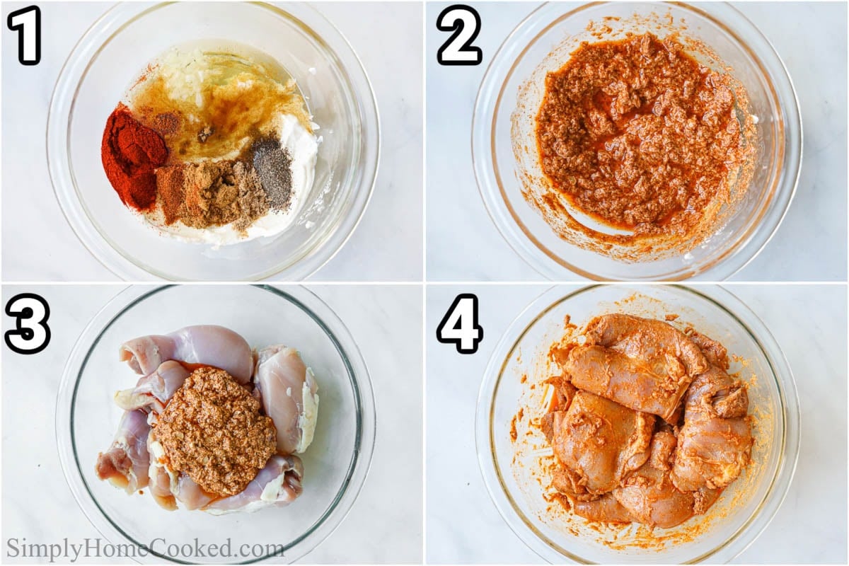Steps to make Chicken Shawarma Bowls: Add salt, olive oil, pepper, cumin, paprika, coriander, cayenne pepper, garlic, and Greek yogurt to a bowl, mix in the chicken, and marinate. 