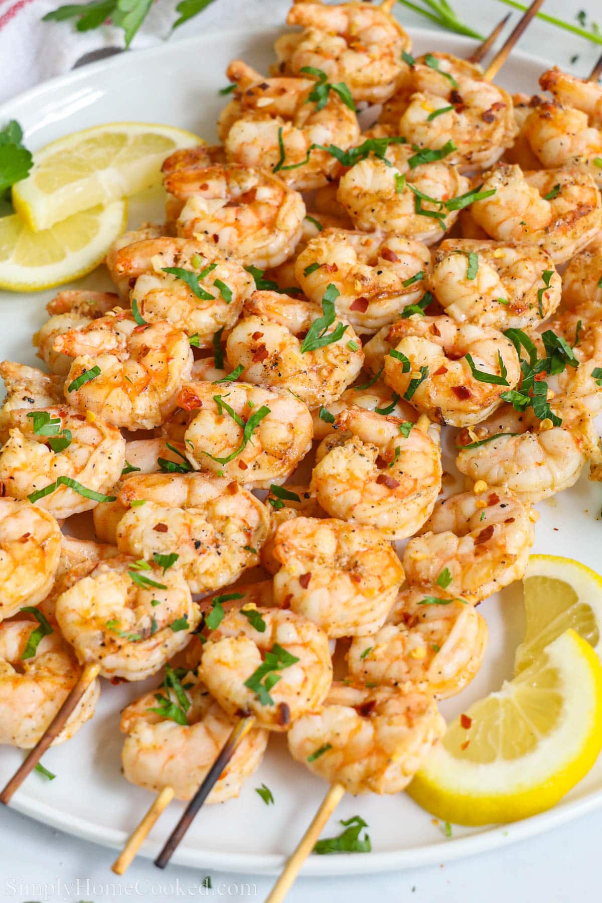 Grilled shrimp on skewers.
