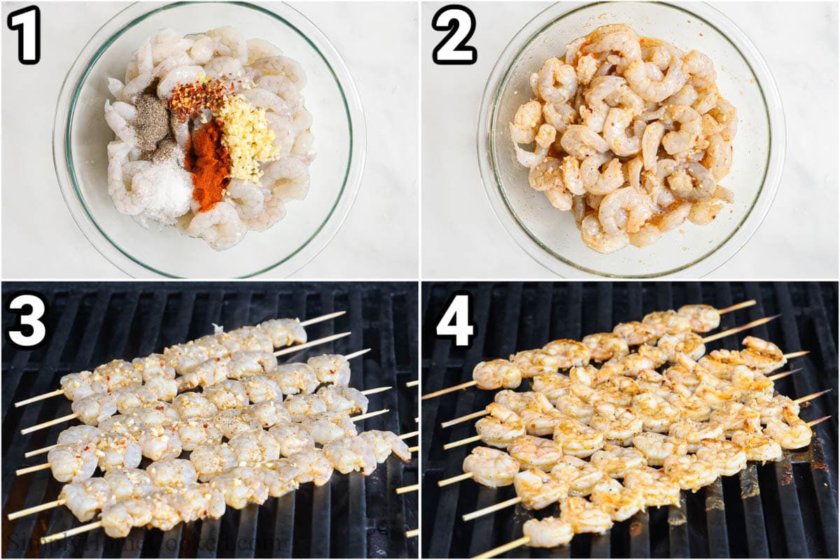 Steps to make Grilled Shrimp: add the shrimp, oil, lemon juice, garlic, red pepper flakes, paprika, salt, and pepper to a bowl and mix, then skewer them and grill. 