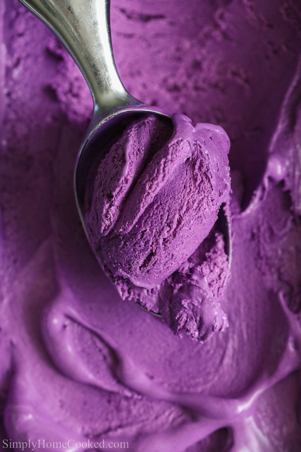 Close up of Ube Ice Cream being scooped.