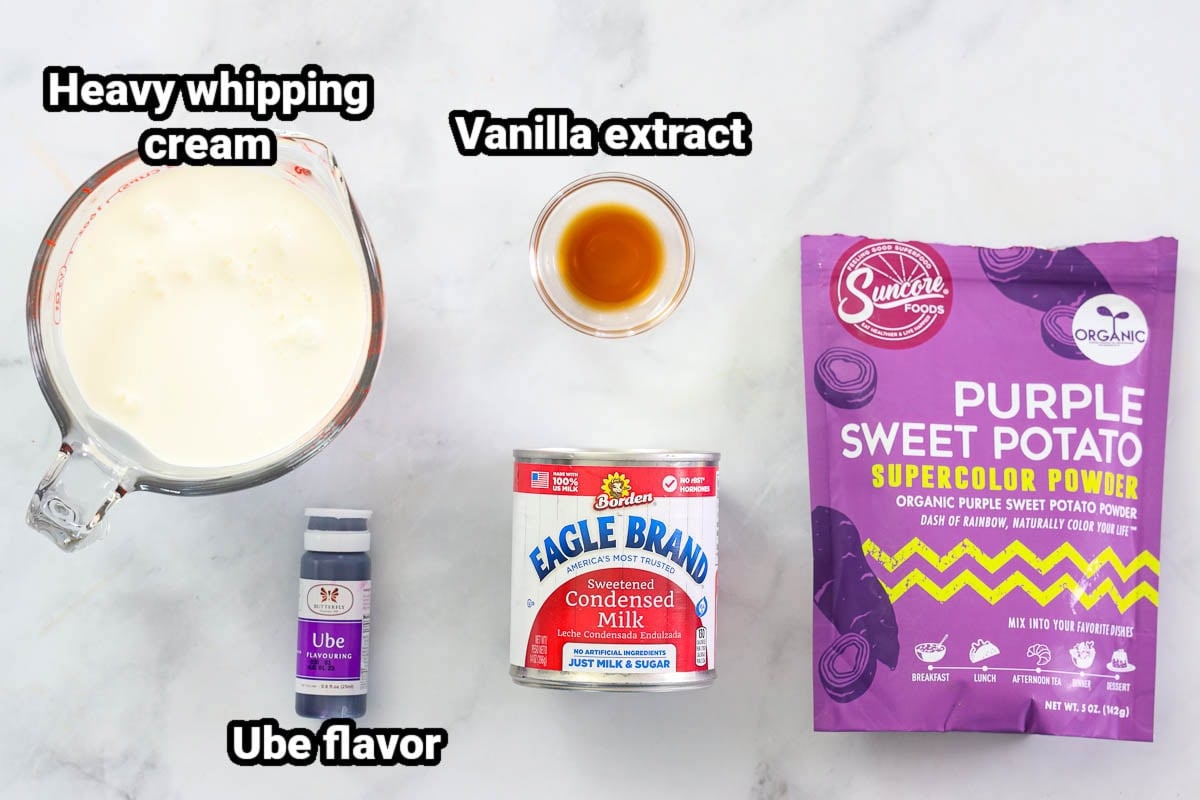 Ingredients for Ube Ice Cream: heavy whipping cream, vanilla extract, condensed milk, ube flavor, and ube powder.
