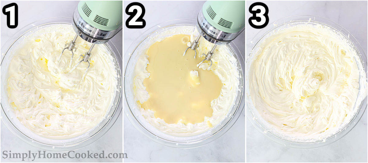 Steps to make Ube Ice Cream: whip the cream into stiff peaks and then mix in the condensed milk.