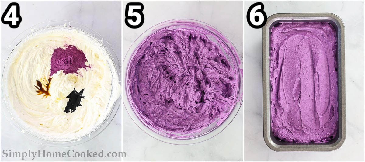 Steps to make Ube Ice Cream: add ube flavoring and powder and vanilla extract, mix, then freeze until solidified. 