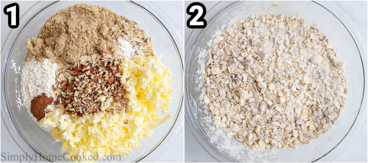 Steps to make an Apple Crisp: add the flour, oats, baking powder, cinnamon, salt, brown sugar, chopped pecans, vanilla, and cold grated butter to a large bowl and mix. 