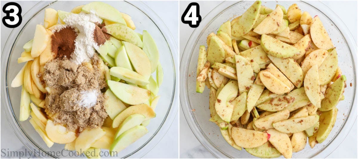 Steps to make an Apple Crisp: add the lemon juice, brown sugar, flour, vanilla, cinnamon, nutmeg, and salt to a bowl of apple slices and mix well.