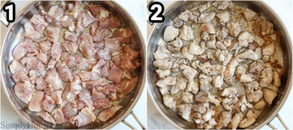 Steps to make Teriyaki Chicken: cut the chicken into 1 inch pieces and cook them in a pan.