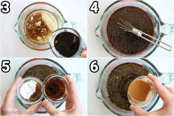 Steps to make Teriyaki Chicken: make the sauce by combining the soy sauce, mirin, cooking sake, garlic, ginger, brown sugar, and sesame oil. The make a slurry with cornstarch and water and combine.