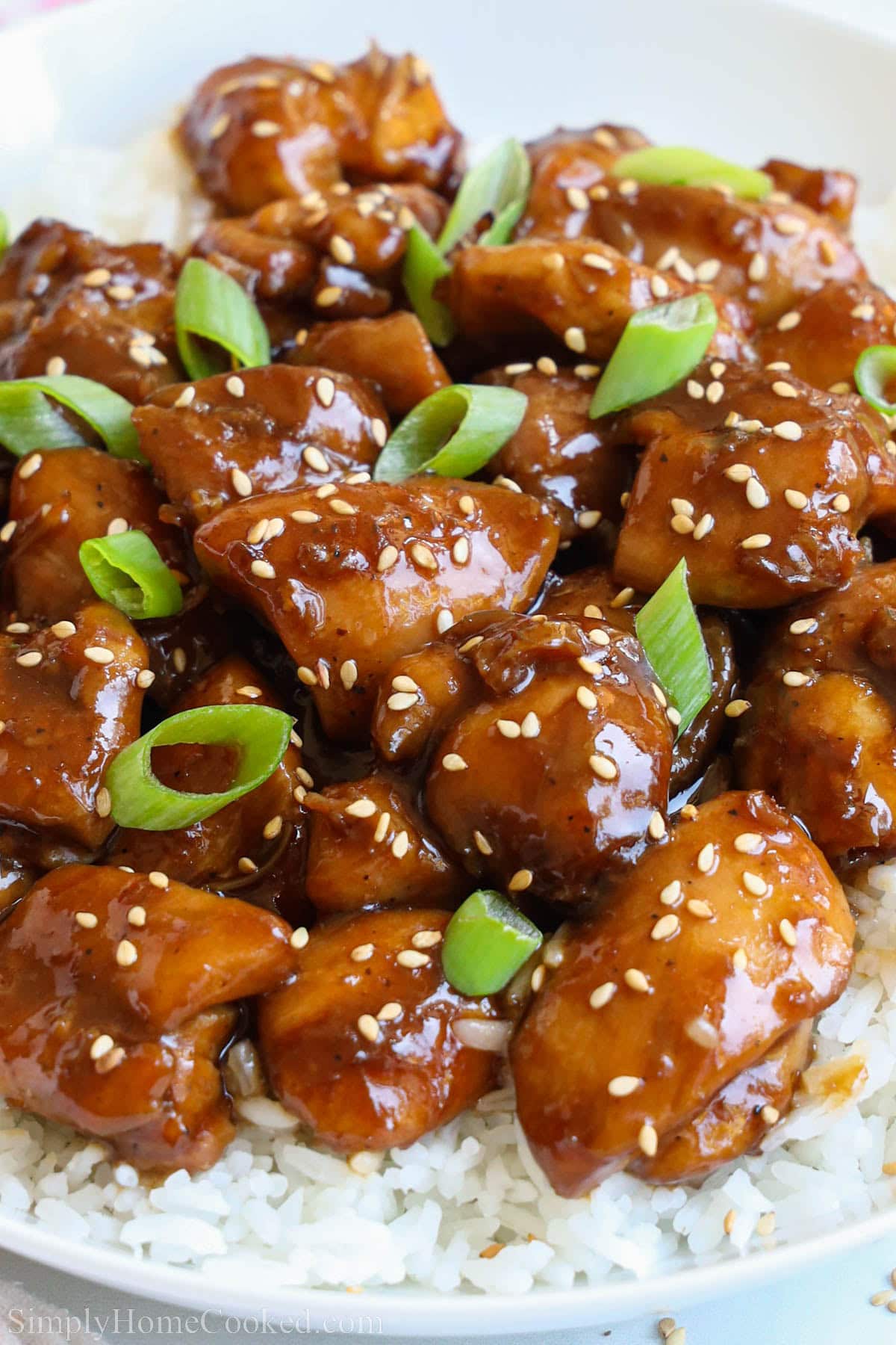 Close up of Teriyaki Chicken over white rice.