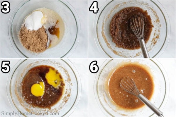 Steps to make Brown Butter Chocolate Chip Cookies: combine the sugars, eggs, and brown butter mixture, stirring with a whisk.