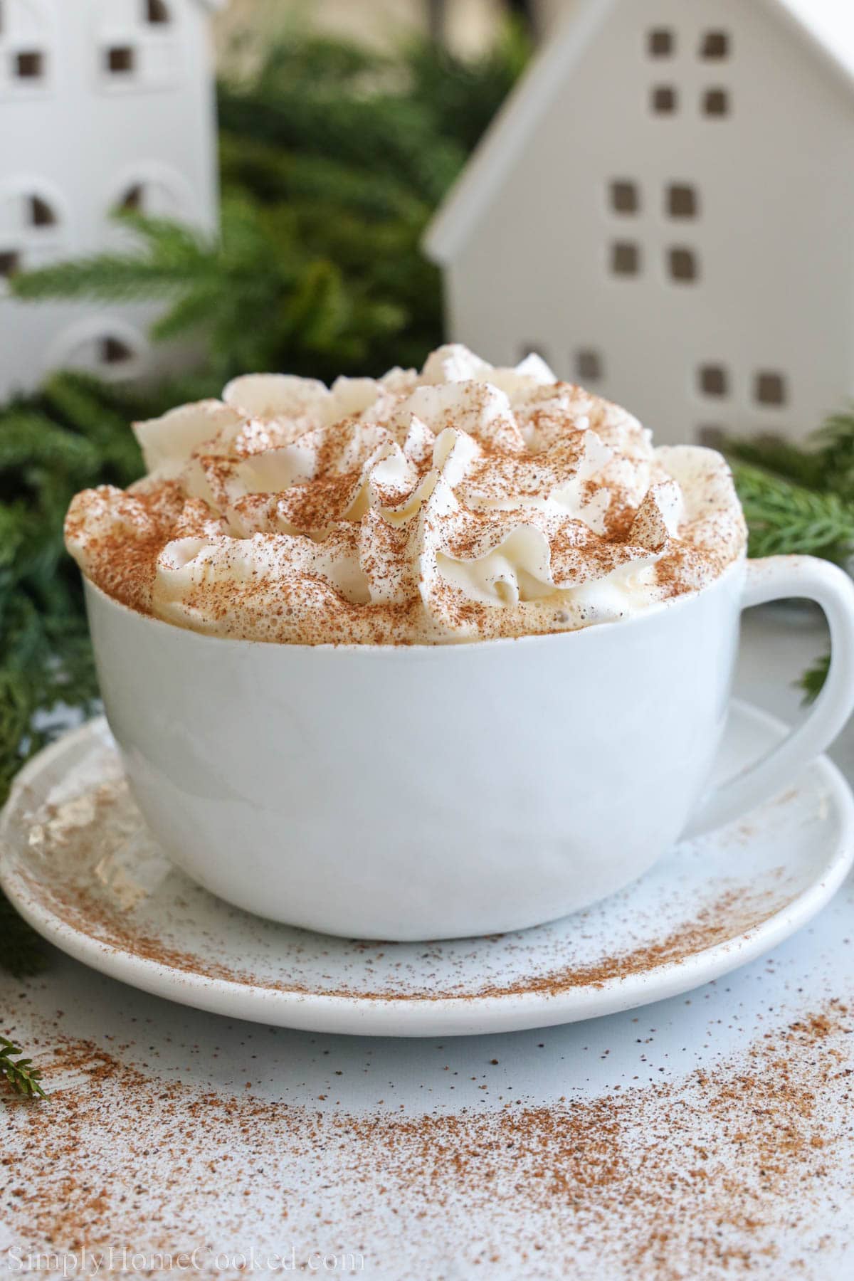 Eggnog Latte in a mug on a plate and topped with whipped cream and cinnamon,
