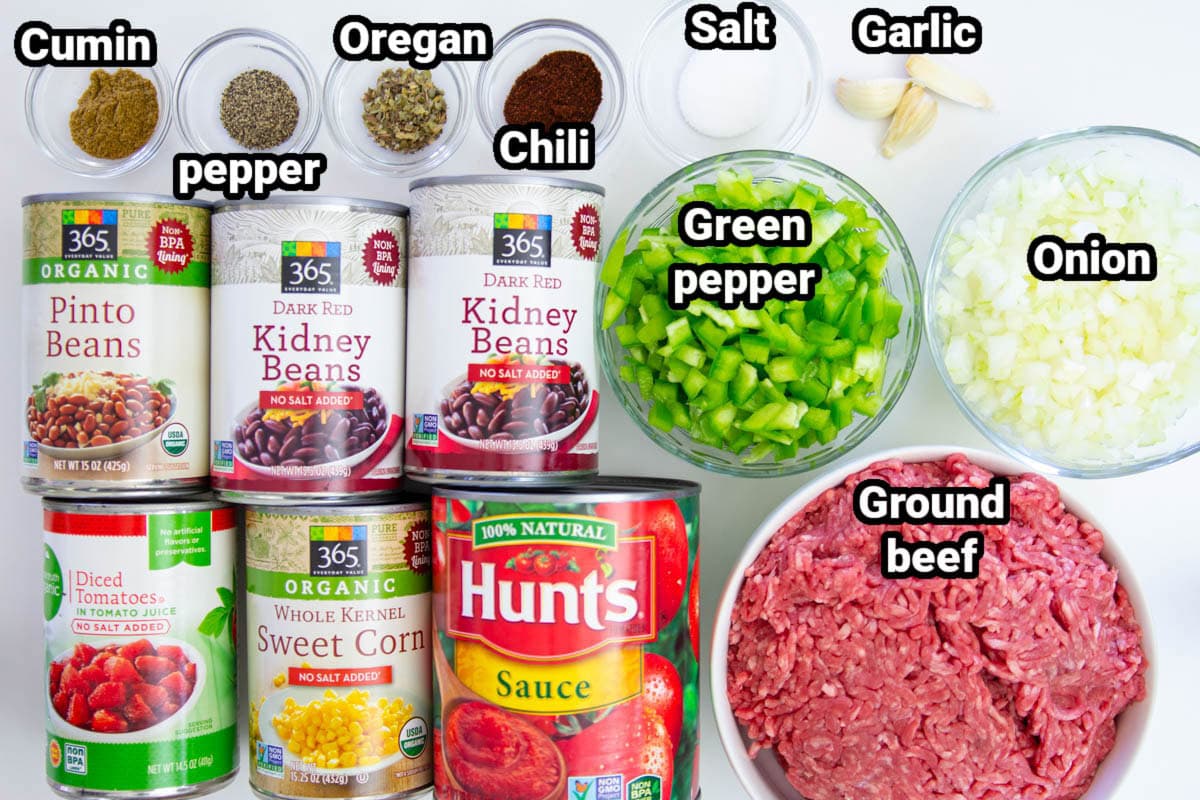 Ingredients for Easy Beef Chili: ground beef, tomato sauce, onion, green pepper, garlic, salt, pepper, chili powder, oregano, black pepper, cumin, pinto beans, kidney beans, diced tomatoes, and corn.