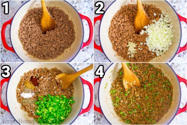 Steps to make Easy Beef Chili: cook the beef until browned, then add the onion and garlic, and cook, before adding the diced green pepper, cumin, chili powder, oregano, salt, and pepper. .