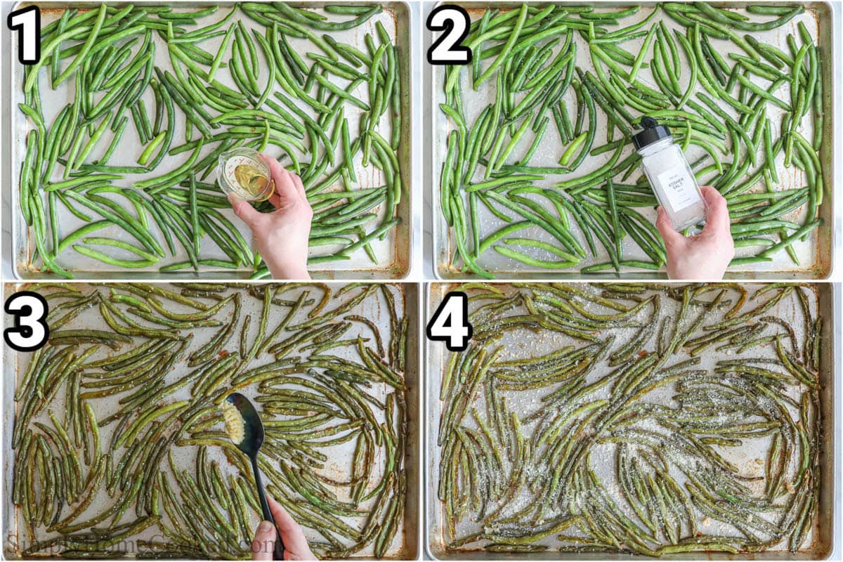 Steps to make Roasted Green Beans: toss the green beans in oil, salt, pepper, garlic, and then top with parmesan cheese on a baking sheet.