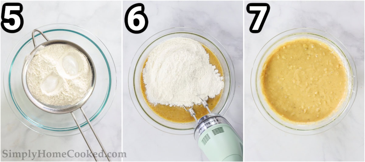 Steps to make Chocolate Cip Banana Bread: sift the flour, baking soda, and salt and then mix it into the batter.