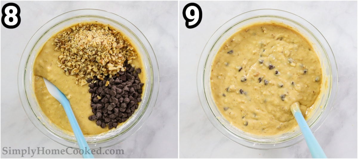 Steps to make Chocolate Cip Banana Bread: mix the chocolate chips and chopped walnuts into the batter with a spatula
