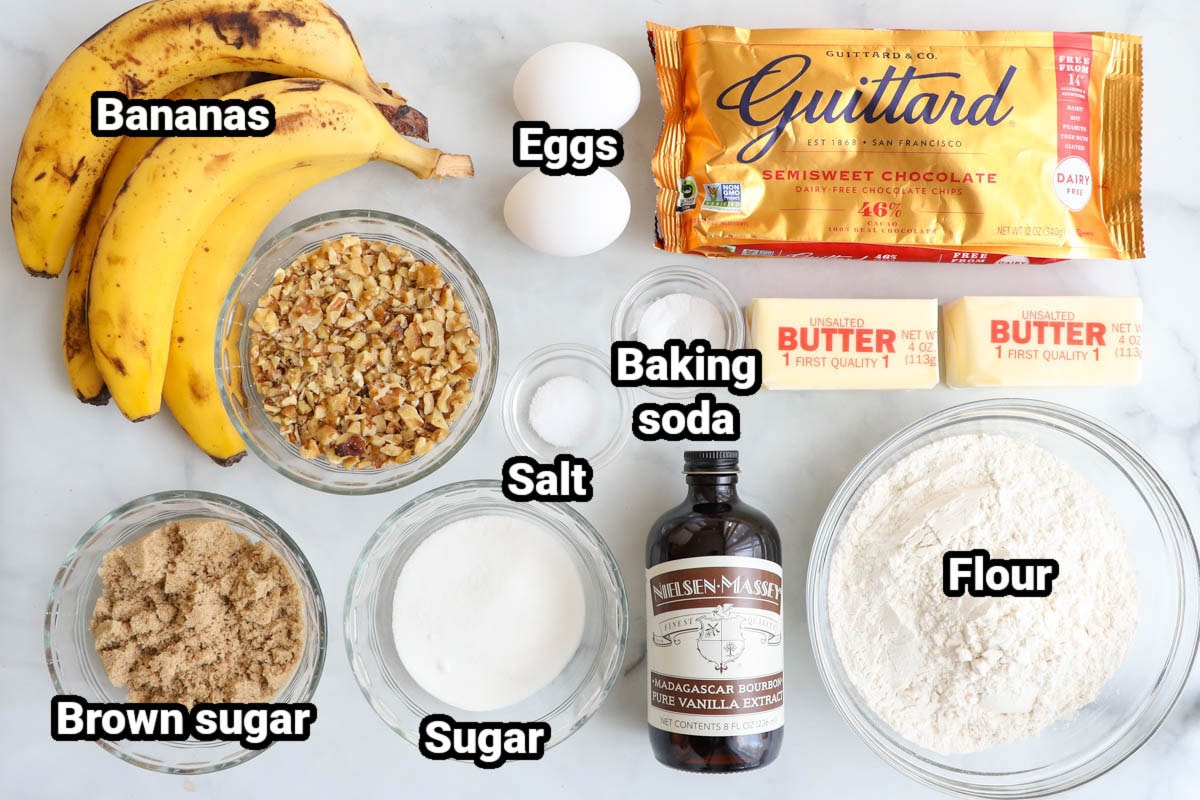 Ingredients for Chocolate Cip Banana Bread: bananas, chocolate chips, eggs, butter, baking soda, salt, flour, vanilla, sugar, and brown sugar.