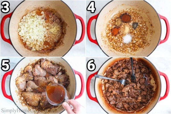 Steps to make Shredded Beef Tacos: add the paprika, chili powder, garlic powder, and cumin to the softened onions and garlic, then add the beef stock and beef, and shred the beef with two forks after cooking.