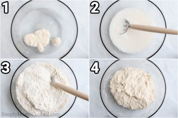 Steps to make Sourdough Pizza Dough: mix sourdough starter and water, then whisk, and add flour, mix, and let it rest.