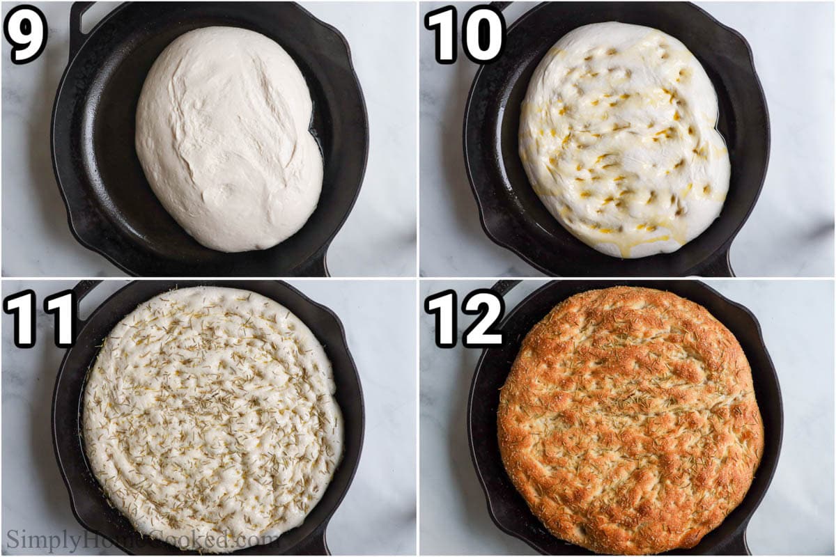 Steps to make Sourdough Focaccia: place the dough in the heated cast iron pan, then dimple it and add rosemary and salt with olive oil on top before baking to a golden brown.