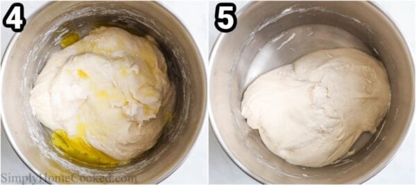 Steps to make Sourdough Focaccia: add water and olive oil, then knead the dough.