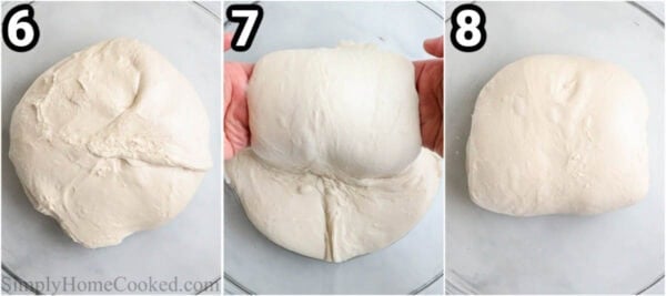 Steps to make Sourdough Focaccia: let it rest and then stretch and fold the dough, over and over.