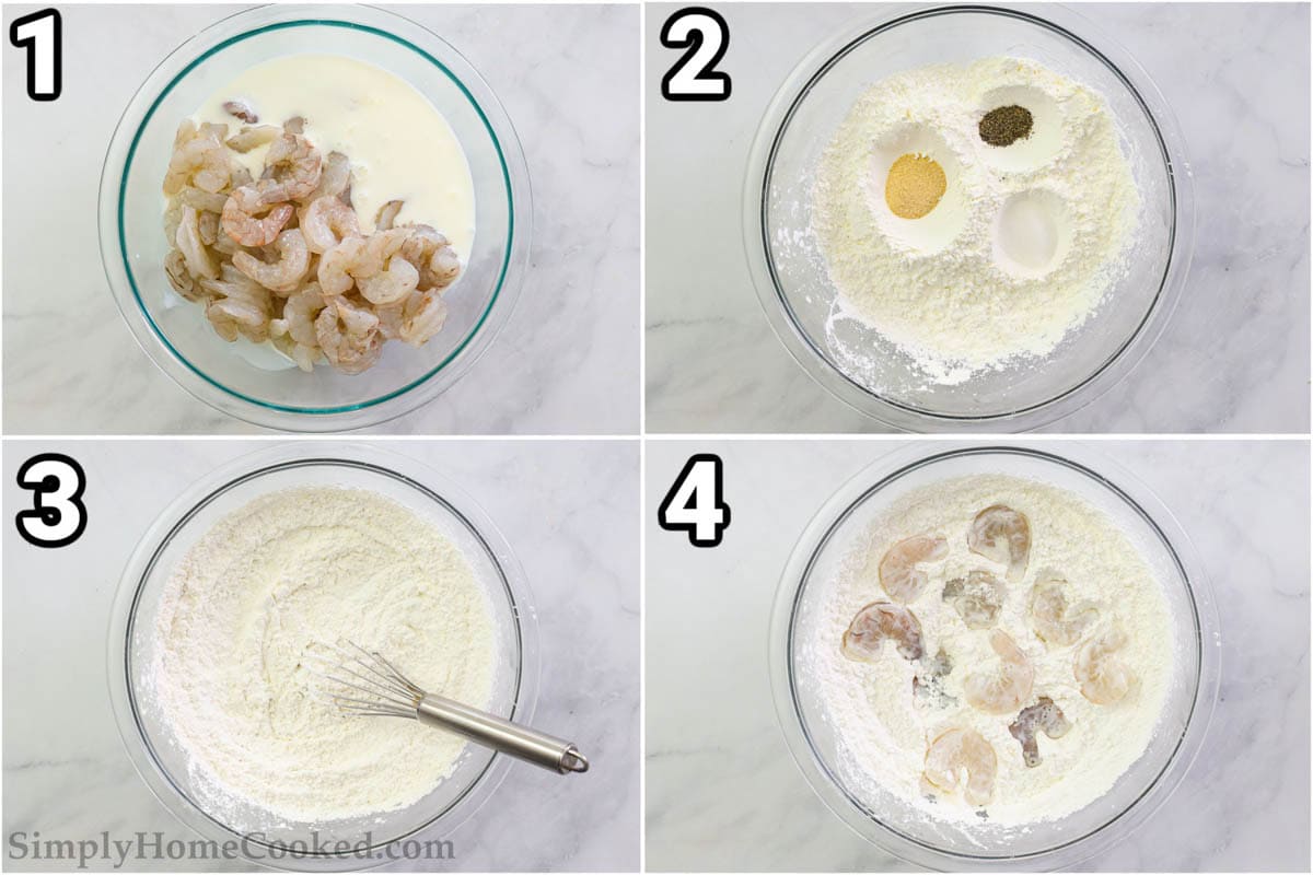 How to make bang bang shrimp: Mix the shrimp with buttermilk and marinate in a mixture of cornstarch, salt, pepper, and garlic powder.