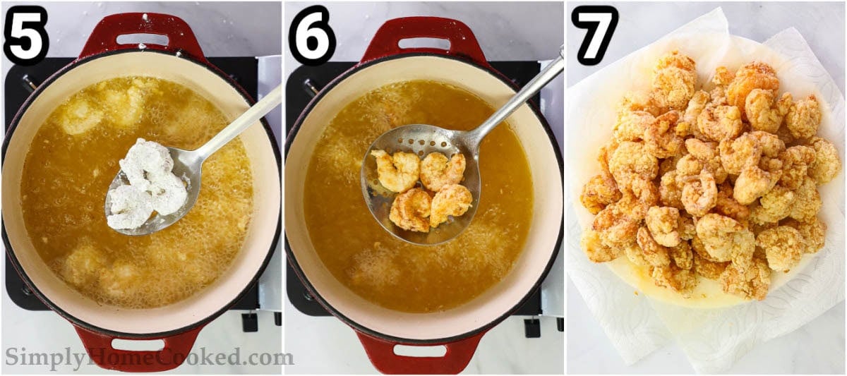 How to make bang bang shrimp: Heat the oil and fry the dredged shrimp in batches, absorbing excess oil with paper towels.