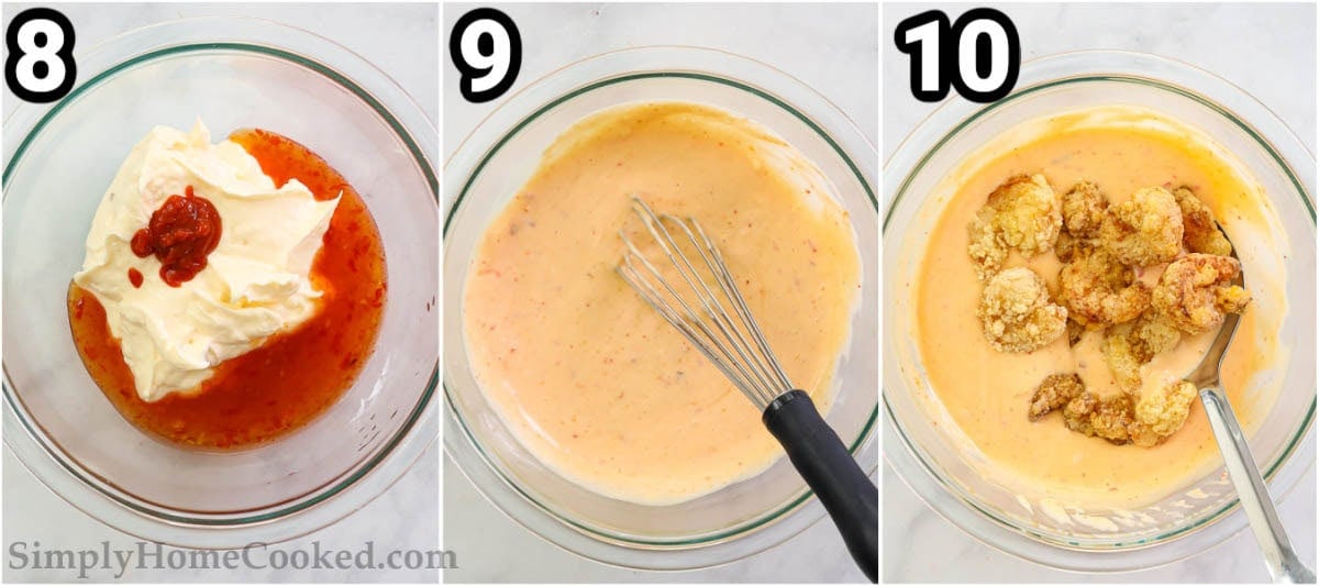 How to make bang bang shrimp: Mix mayonnaise, chili sauce, and sriracha to make bang bang sauce, then dip the fried shrimp in it.
