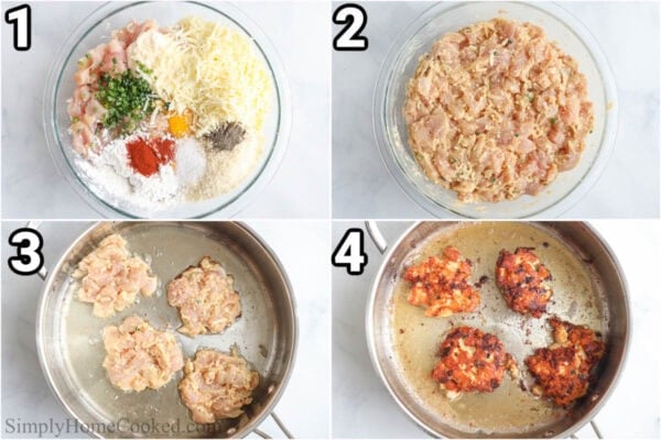Steps to make Chicken Fritters: deice the chicken and add it to a bowl with mayo, eggs, cornstarch, parmesan, mozzarella, chives, garlic, paprika, salt, and pepper.