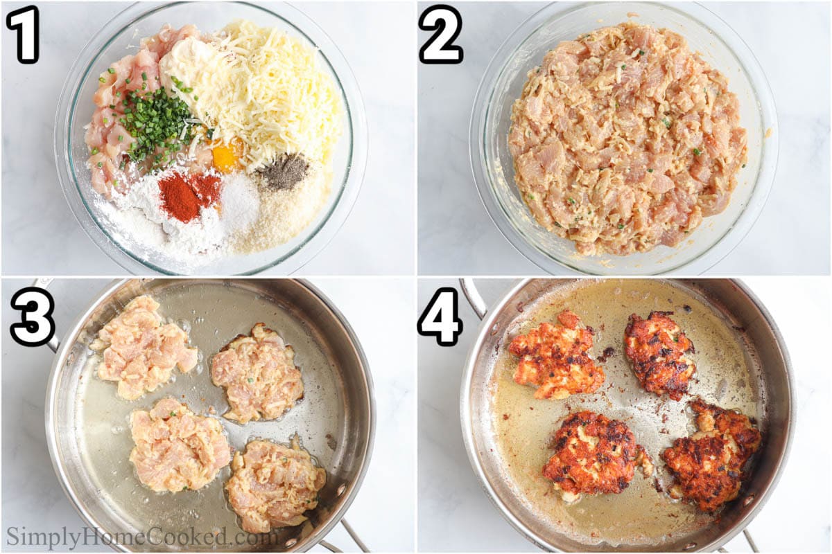 Steps to make Chicken Fritters: deice the chicken and add it to a bowl with mayo, eggs, cornstarch, parmesan, mozzarella, chives, garlic, paprika, salt, and pepper.
