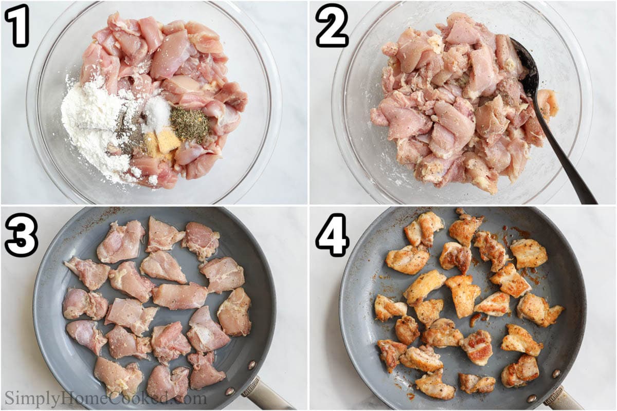 Steps to make Garlic Butter Chicken Bites: add Italian seasoning, garlic powder, cornstarch, pepper, and salt to the chicken pieces, then mix and sear with olive oil in a pan.