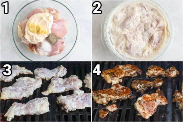 Steps to make Grilled Chicken Thighs: mix the chicken with mayonnaise, white wine, garlic, salt, and pepper, then marinate it before grilling it on both sides.