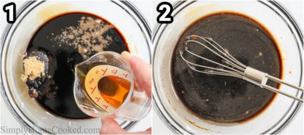 Steps to make Shrimp Lo Mein: whisk together the soy sauces, oyster sauce, sesame oil, cooking wine, brown sugar, and white pepper.