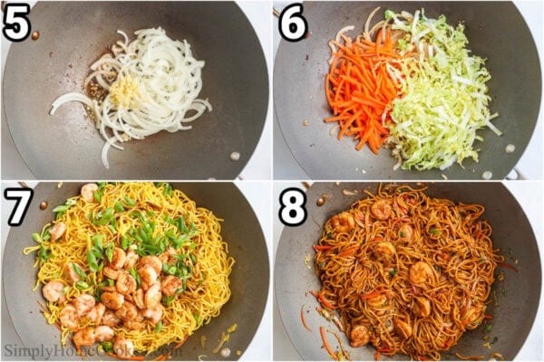 Steps to make Shrimp Lo Mein: saute the onion and garlic, then the carrots and cabbage, prep the noodles and saute them with the shrimp, sauce, and green onions.