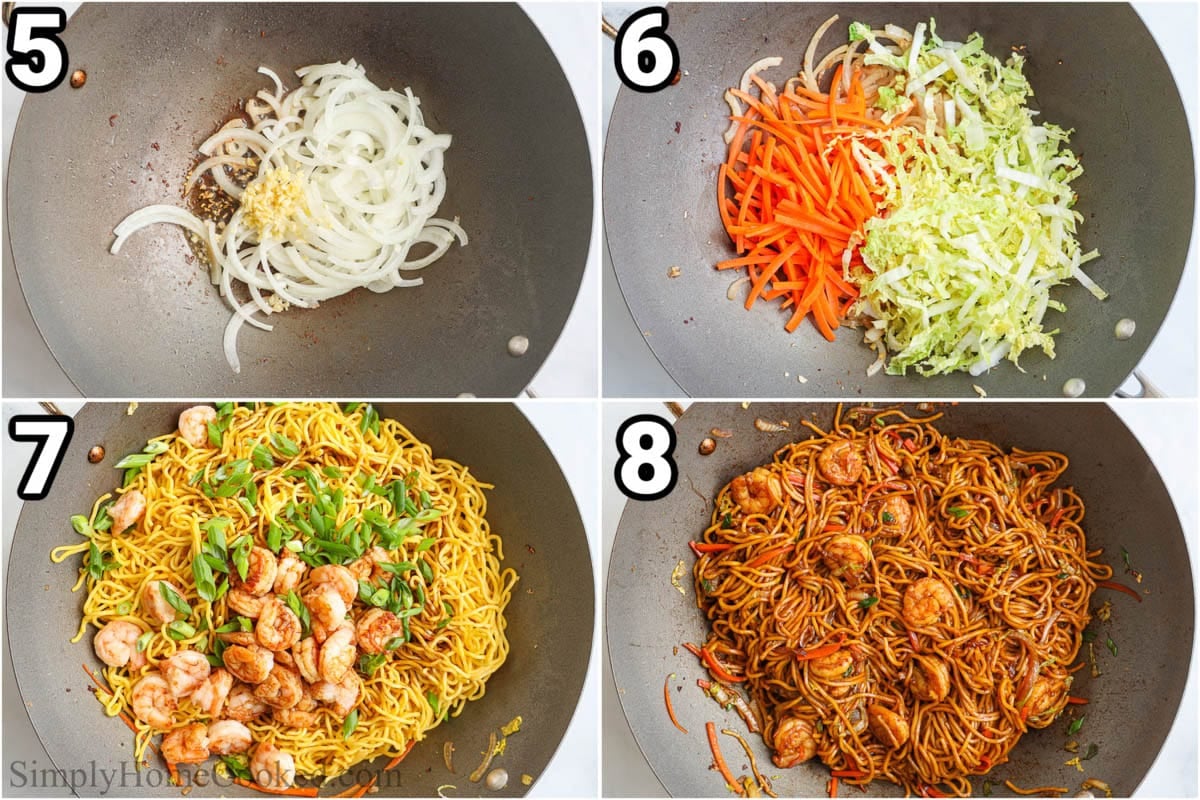 Steps to make Shrimp Lo Mein: saute the onion and garlic, then the carrots and cabbage, prep the noodles and saute them with the shrimp, sauce, and green onions.