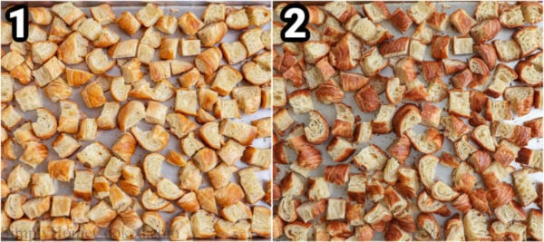 Steps to make a Sweet Croissant Breakfast Casserole: toast the croissant pieces.