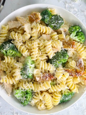 Overhead view of Chicken Broccoli Alfredo.