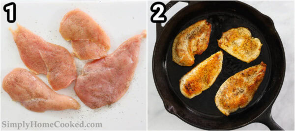 Steps to make Chicken Broccoli Alfredo: add salt and pepper to the chicken cutlets and cook them in olive oil.