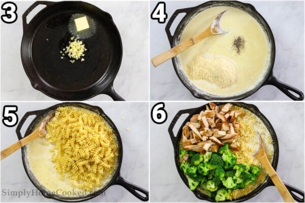 Steps to make Chicken Broccoli Alfredo: saute the garlic, then add heavy cream and parmesan cheese, cook the pasta and broccoli, and then combine it all with the chicken.