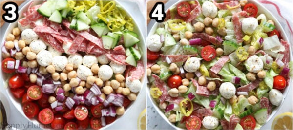 Steps to make a Chopped Italian Salad: prep all the lettuce, pepperoncini, salami, cucumber, tomatoes, and onion, and then arrange them on the plate before tossing with dressing.
