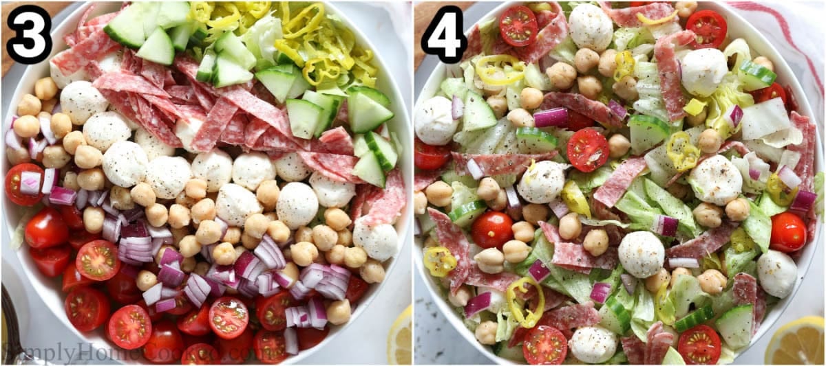Steps to make a Chopped Italian Salad: prep all the lettuce, pepperoncini, salami, cucumber, tomatoes, and onion, and then arrange them on the plate before tossing with dressing.