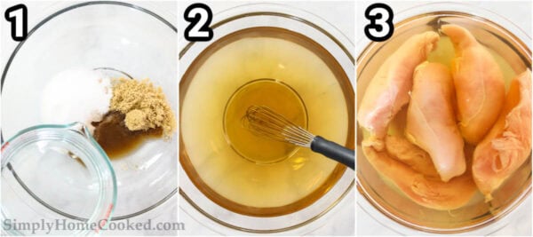 Steps to make Smoked Chicken Breast: make the brine from water, salt, and sugar, whisking until dissolved, then submerge the chicken int he brine.