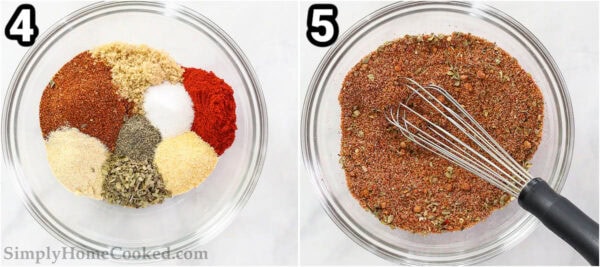 Steps to make Smoked Chicken Breast: make the spice rub from brown sugar, chili powder, smoked paprika, onion powder, garlic powder, oregano, salt, and pepper, whisking together.