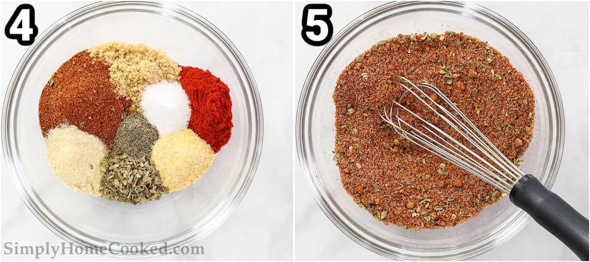 Steps to make Smoked Chicken Breast: make the spice rub from brown sugar, chili powder, smoked paprika, onion powder, garlic powder, oregano, salt, and pepper, whisking together.