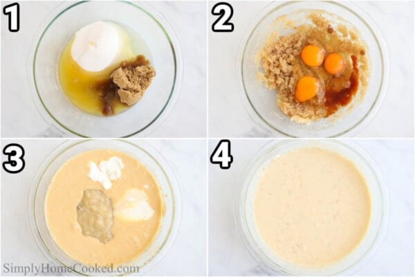 Steps to make Banana Cake: mix the melted butter, oil, and sugars together, then add the eggs and vanilla, and finally the bananas, sour cream, and buttermilk.