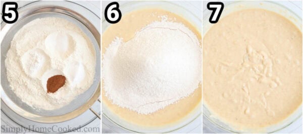 Steps to make Banana Cake: mix the flour, baking powder, baking soda, cinnamon, and salt, then combine the wet and dry mixtures.
