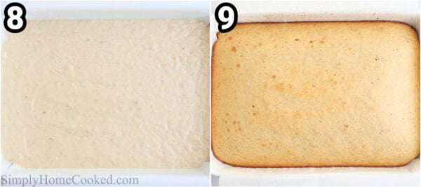 Steps to make Banana Cake: bake the cake and let it cool.