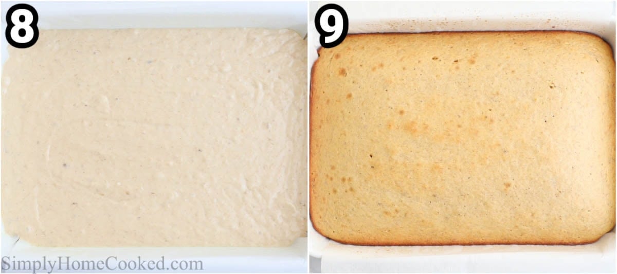 Steps to make Banana Cake: bake the cake and let it cool.