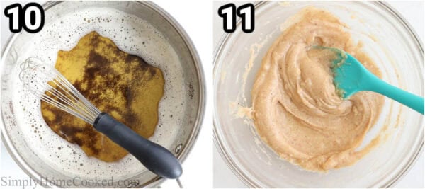 Steps to make Banana Cake: brown the butter until foamy and then let it cool.
