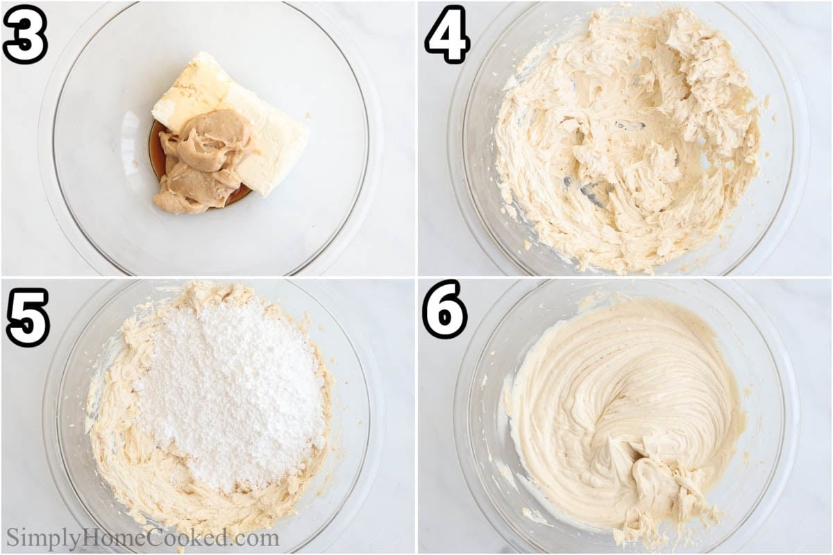 Steps to make Brown Butter Cream Cheese Frosting: Add the butter to the cream cheese, vanilla, and salt, then mix in the powdered sugar.